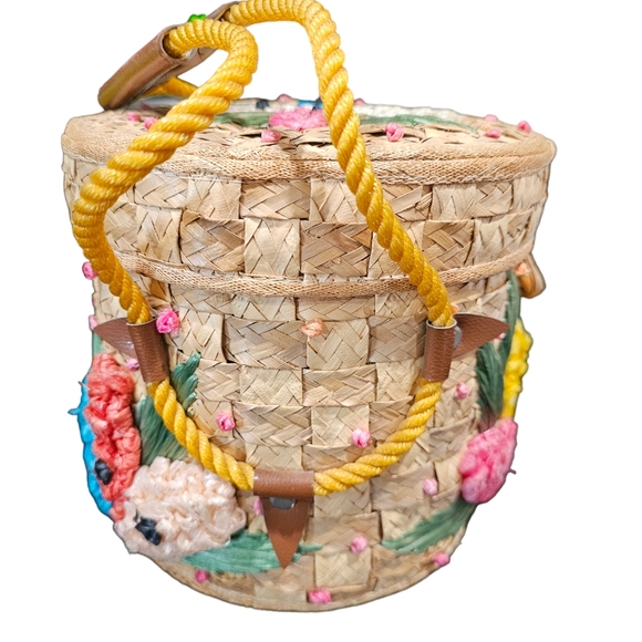 *HP* Vintage 70'S Handcrafted Basket/Bucket Purse With Raffia Embroidery Detail - Picture 4 of 14